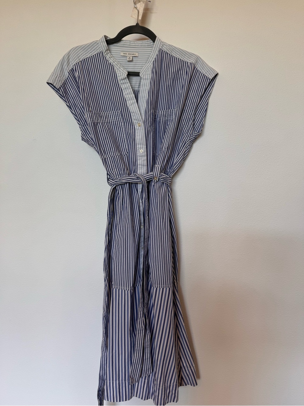 Free Assembly Blue & White Striped Sleeveless Maxi Shirt Dress with Tie